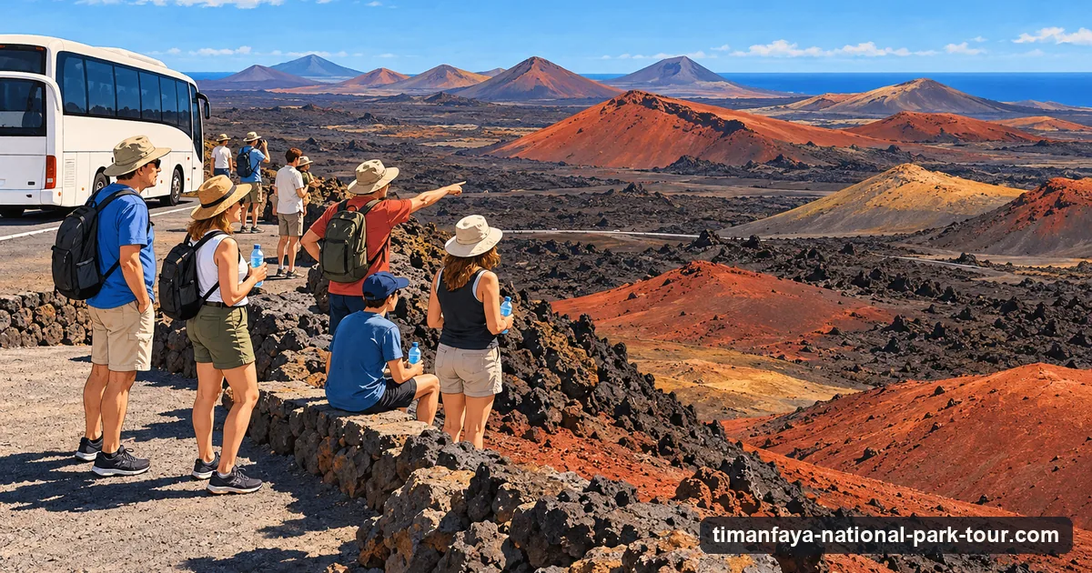 Illustration: visitors in sun hats and trainers at a viewpoint over black and rust-red lava fields under a bright morning sky, a coach parked behind