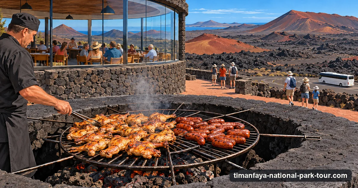Illustration: a round iron grill over a stone-lined pit, chicken and sausages cooking on it, a round stone building with a wide glass wall behind
