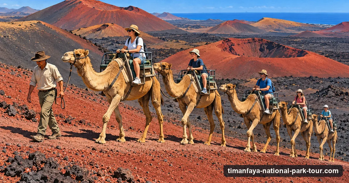 Illustration: a line of dromedaries with riders climbing a slope of red and black volcanic ash, a handler walking alongside