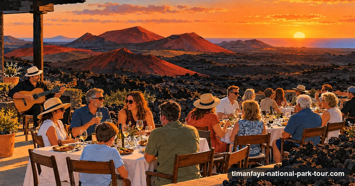 Illustration: long shared dinner tables set on a terrace above dark lava fields at sunset, red volcanic cones on the horizon