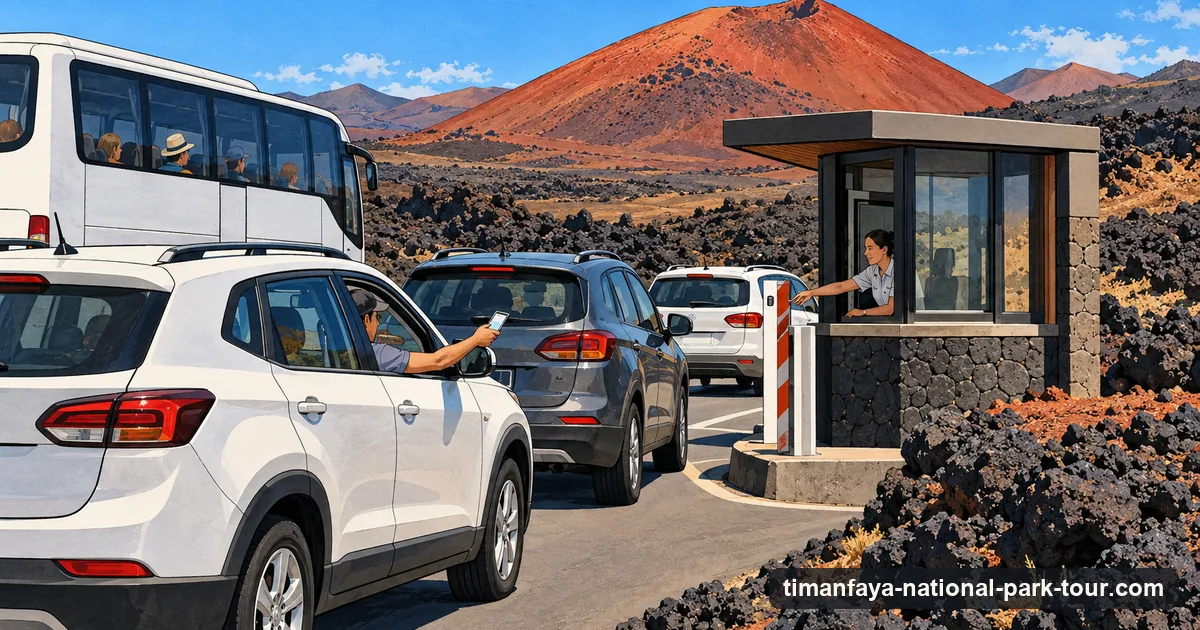 Illustration: a car queue at a small checkpoint on a road through black lava fields, a red volcanic cone behind