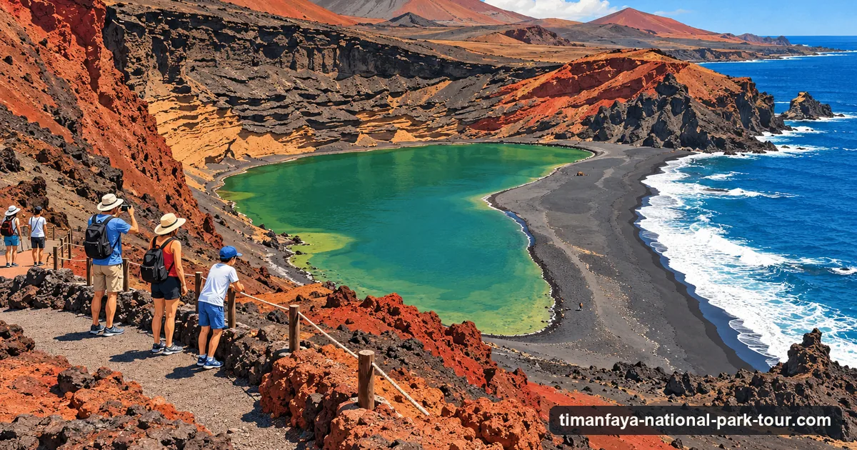 Illustration: a green lagoon below a crescent of red and black volcanic cliffs beside a black sand beach, waves breaking beyond