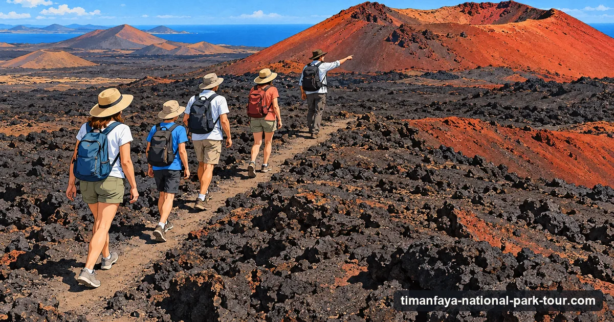 Illustration: a small group of hikers in single file on a narrow path across black lava, a guide in front pointing at a rust-red crater